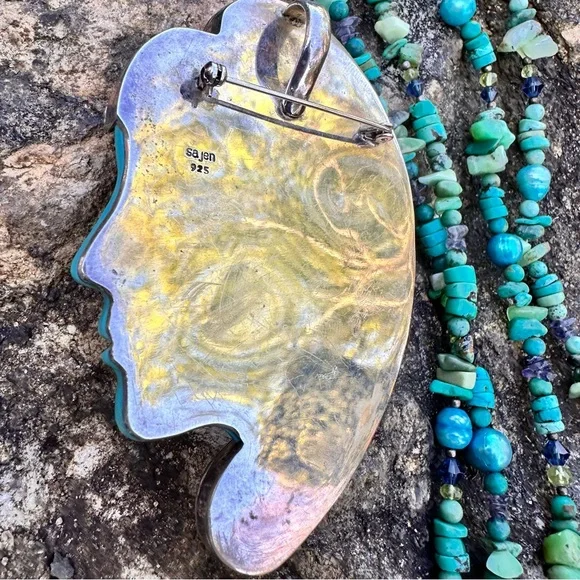 Vintage Sajen Carved Turquoise Goddess Brooch 925 Silver - Picture 2 of 5